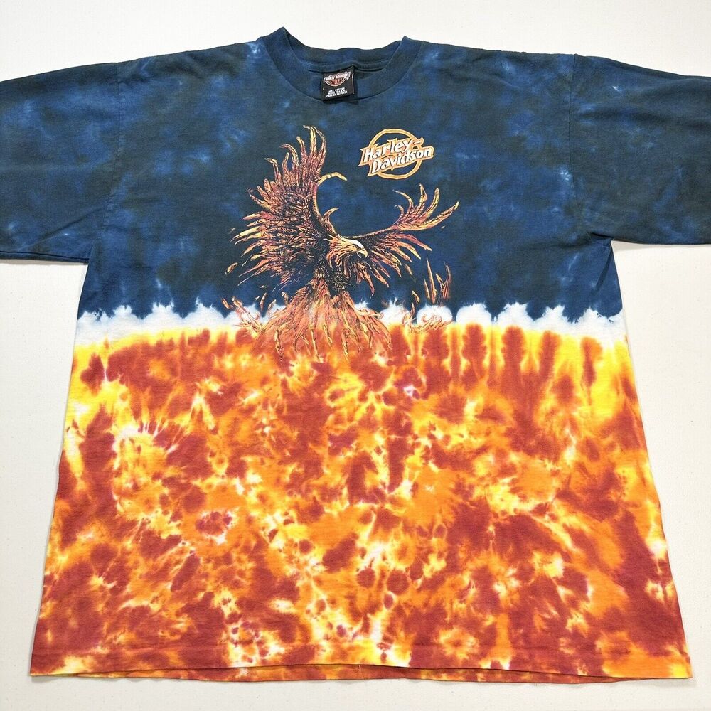 Harley Davidson Flames Eagle USA T-Shirt Size L Y2K Tie Dye 2005 Single Stitch